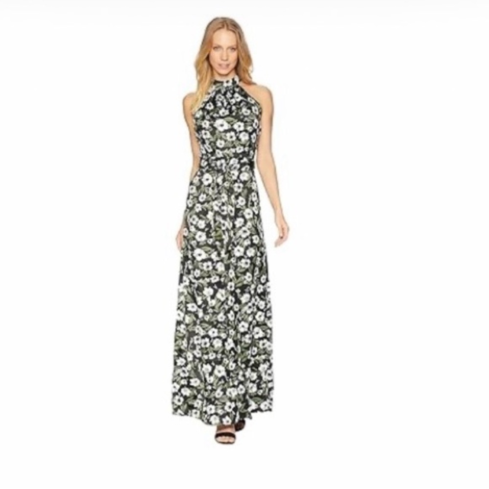 Bebe Olive White Floral Halter Maxi Dress Boho Summer Wedding Guest